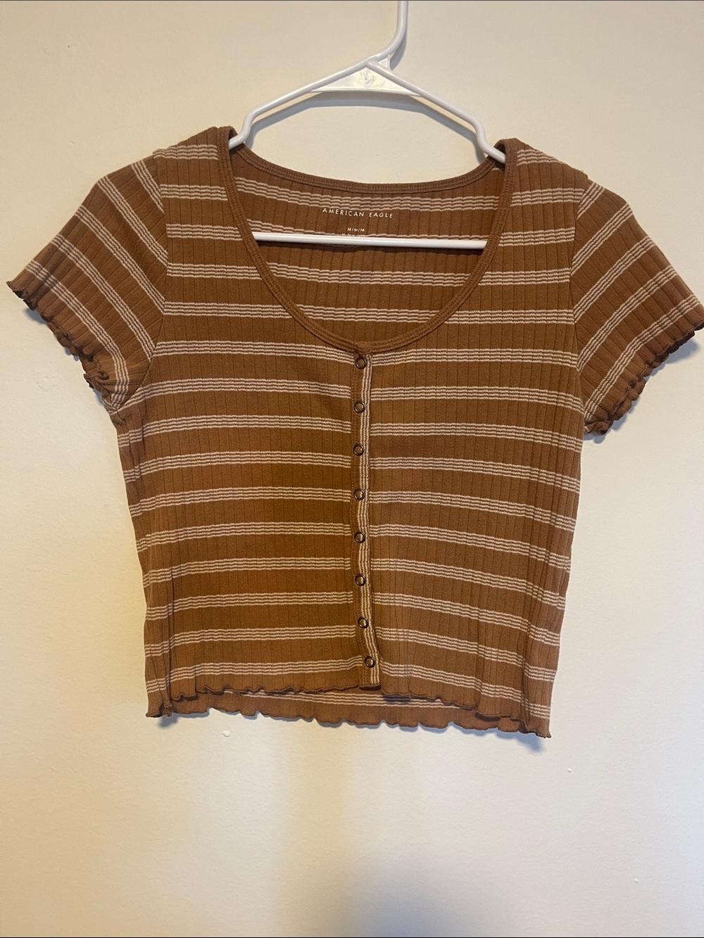 American Eagle Outfitters Brown and Cream Striped Button-Front Crop Top
